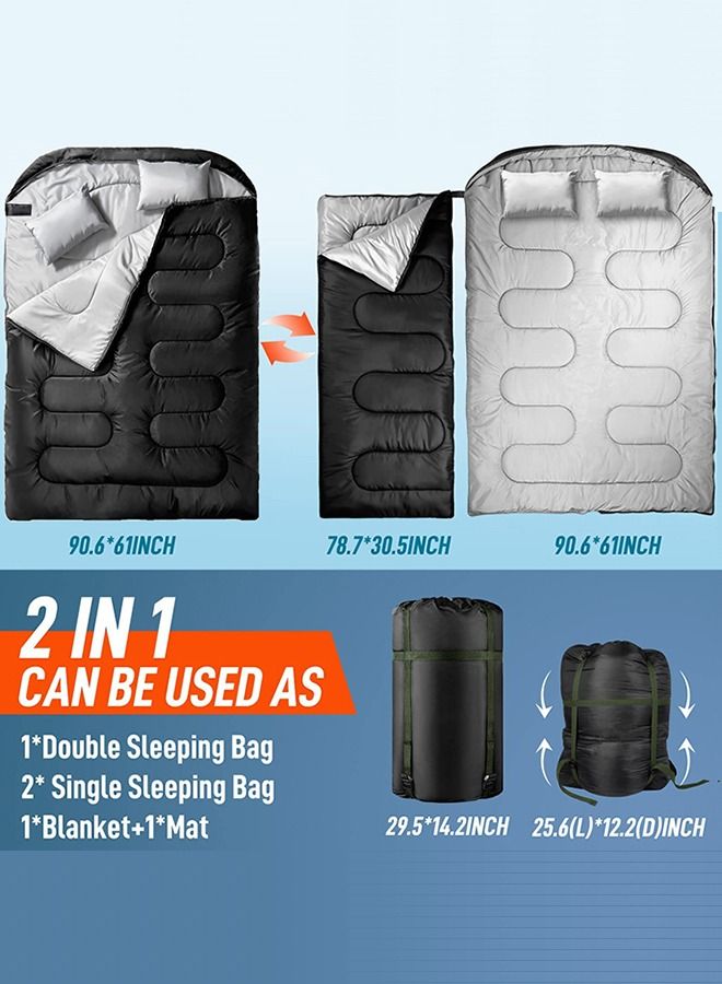 Generic Double Sleeping Bag Lightweight Waterproof for Adult and Kids Queen Size Two Person Camping Sleeping Bag with Compression Bag Sleeping Pillow Backpacking for Cold Weather Outdoor Camping Hiking and Travel（Black） - Image 4