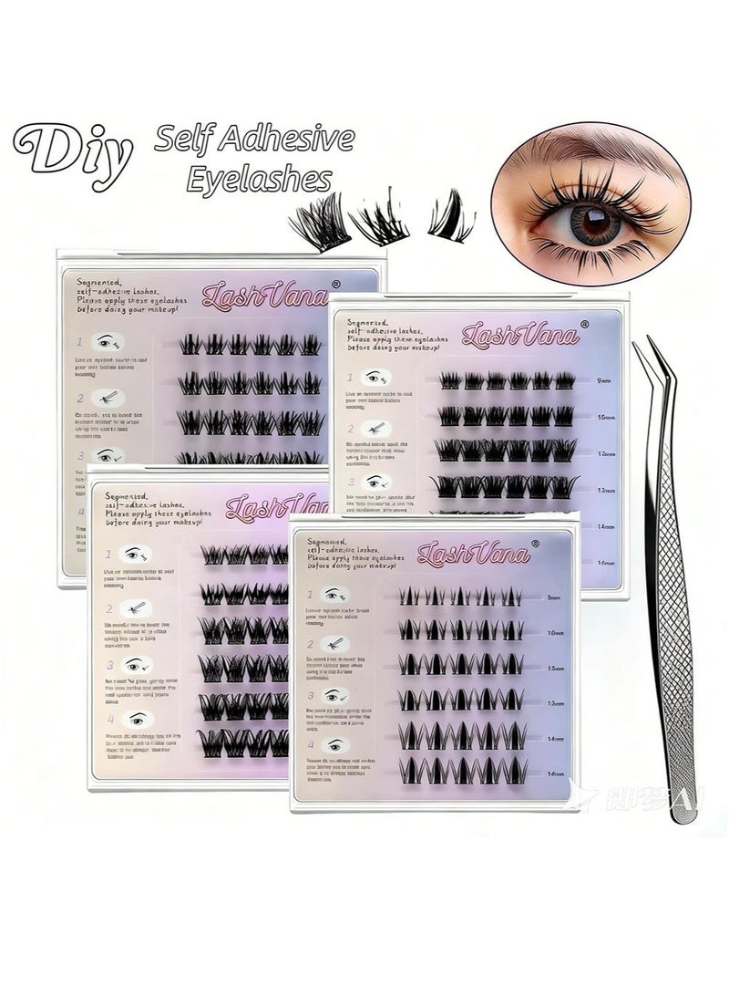 lashvana 4 Sets Of Self Adhesive Eyelashes With Tweezers, 192pcs False Eyelashes,9-14mm Mixed Individual Lashes Cluster, No Glue Needed, Invisible 2-Strip Tape - Longer Lasting, No Sticky Residue Per Glued Eyelashes,Easy To Apply At Home. - Image 1