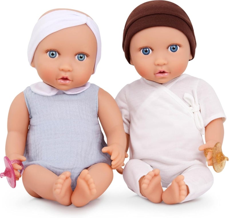 LullaBaby - 14-inch Newborn Twin Baby Dolls – Blue Eyes & Medium-Light Skin Tone – Hat, Headband & Removeable Pacifiers – 2 Years + – Twin Dolls - Blue Eyes, White Headband & Brown Hat