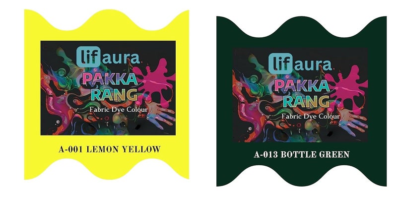 Prokart Lifaura Pakka Rang Fabric Permanent Dye Color Kit Pack of 6 Sachets 5g Each 30g Pack with 30g DyfixerShadeA001 Lemon Yellow01 Bottle Green13 Each Color 3 sachets - Image 1