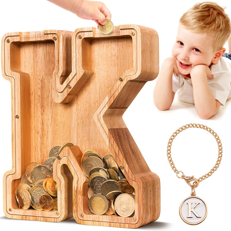SummiDate Wooden Letter Piggy Bank for Kids| Piggy Bank for Boys Girls Toddler| Alphabet K Money Bank| Personalized Initial Wood Coin Bank Birthday for Kids (K) - Image 1