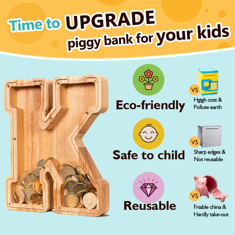SummiDate Wooden Letter Piggy Bank for Kids| Piggy Bank for Boys Girls Toddler| Alphabet K Money Bank| Personalized Initial Wood Coin Bank Birthday for Kids (K) - Image 5