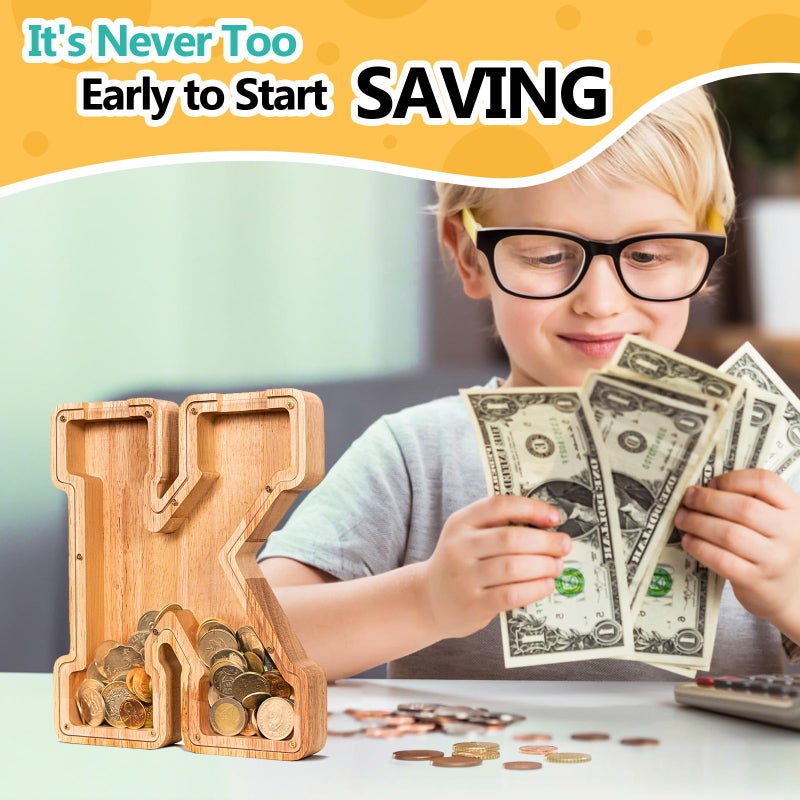 SummiDate Wooden Letter Piggy Bank for Kids| Piggy Bank for Boys Girls Toddler| Alphabet K Money Bank| Personalized Initial Wood Coin Bank Birthday for Kids (K) - Image 4