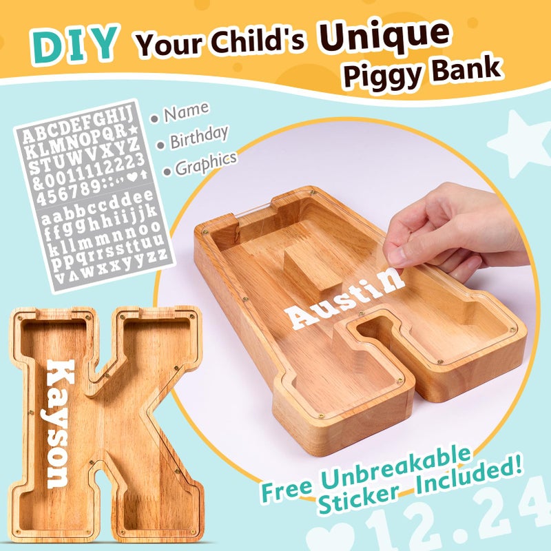SummiDate Wooden Letter Piggy Bank for Kids| Piggy Bank for Boys Girls Toddler| Alphabet K Money Bank| Personalized Initial Wood Coin Bank Birthday for Kids (K) - Image 3