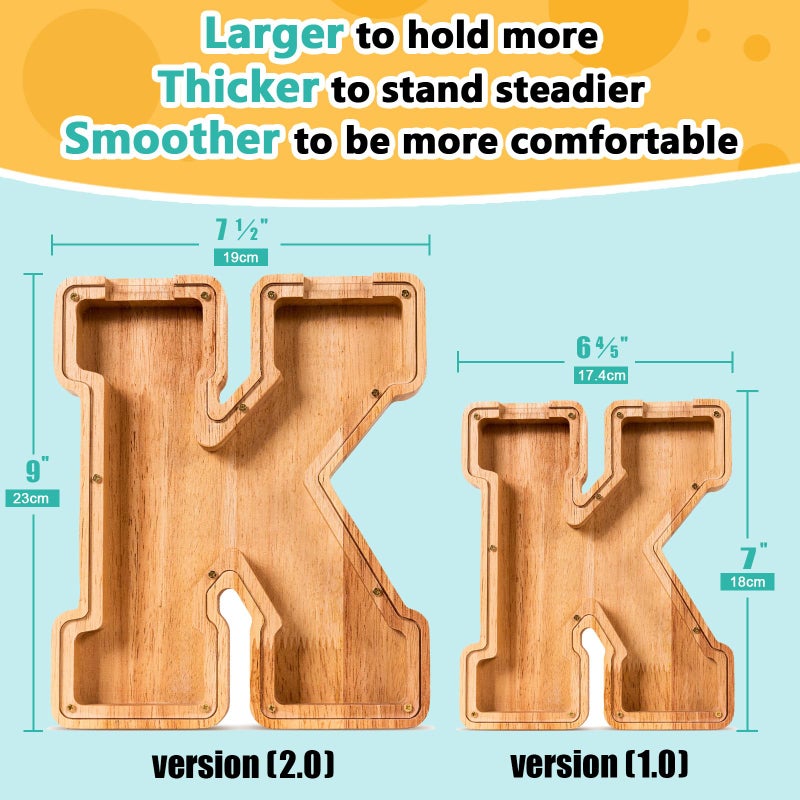 SummiDate Wooden Letter Piggy Bank for Kids| Piggy Bank for Boys Girls Toddler| Alphabet K Money Bank| Personalized Initial Wood Coin Bank Birthday for Kids (K) - Image 2