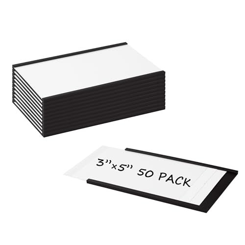 Realth C Channel Magnetic Label Holders 50 Pack 3'' x 5'' with Paper Inserts and Clear Plastic Protectors, Magnetic Data Card Holders File Cabinet Labels for Metal Racks and Shelves - Image 1