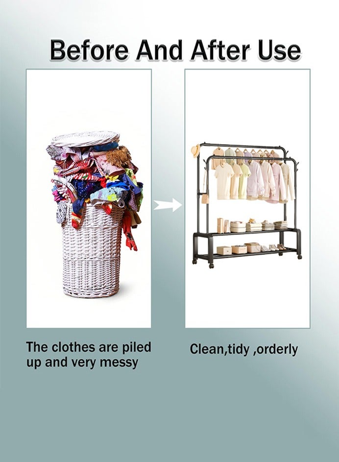 0TO1 TECH Heavy-Duty Metal Clothes Rack with Wheels | 100kg Capacity | 3-Tier Storage for Clothes, Shoes & Accessories | 150x160x25cm | Black - Image 3