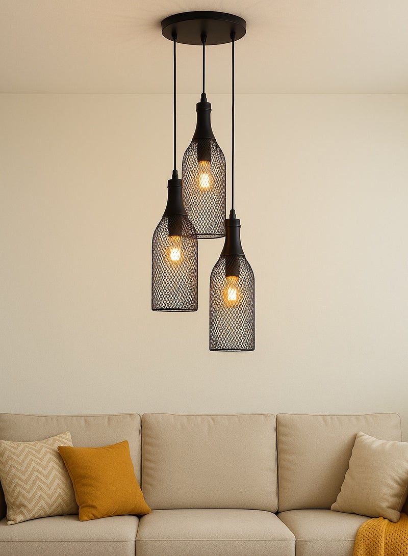 Black cage metal light fixture - E27 base - 3 bulbs - Image 1