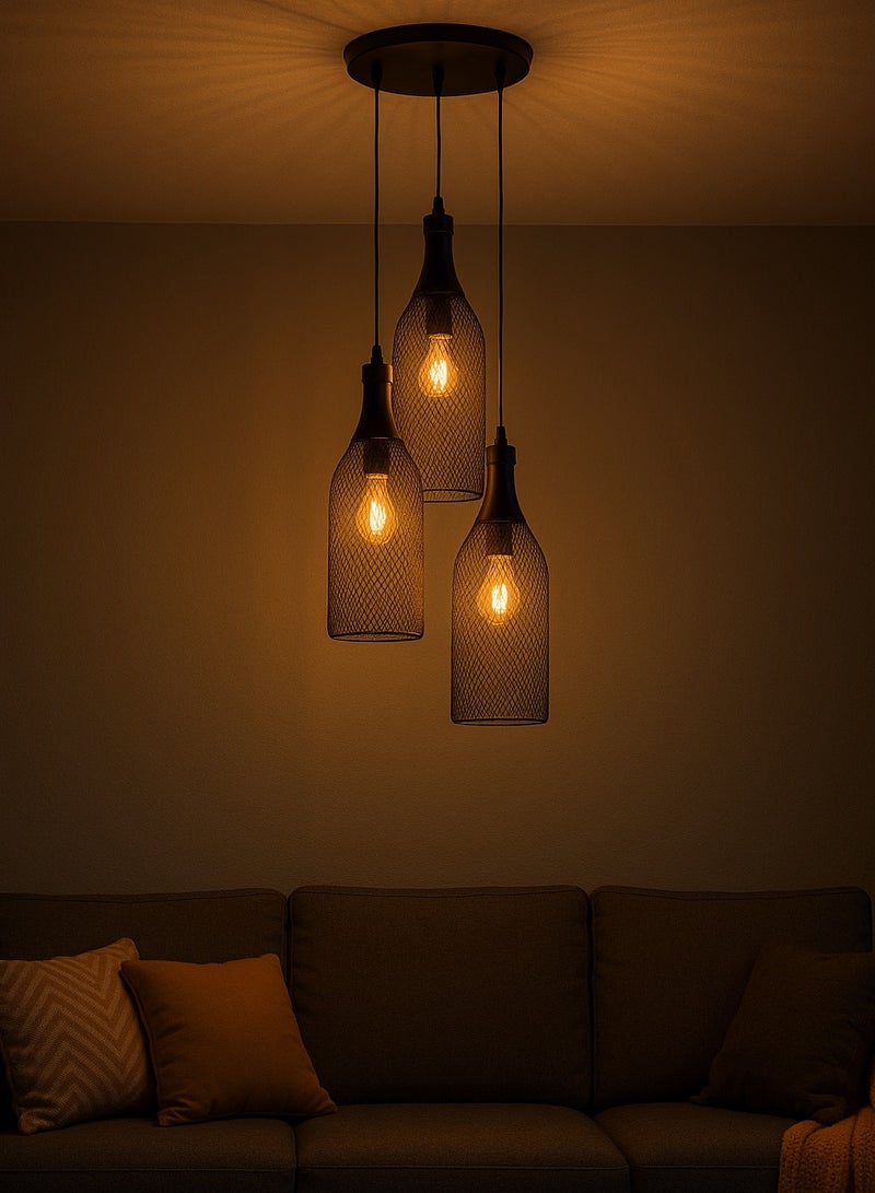 Black cage metal light fixture - E27 base - 3 bulbs - Image 2