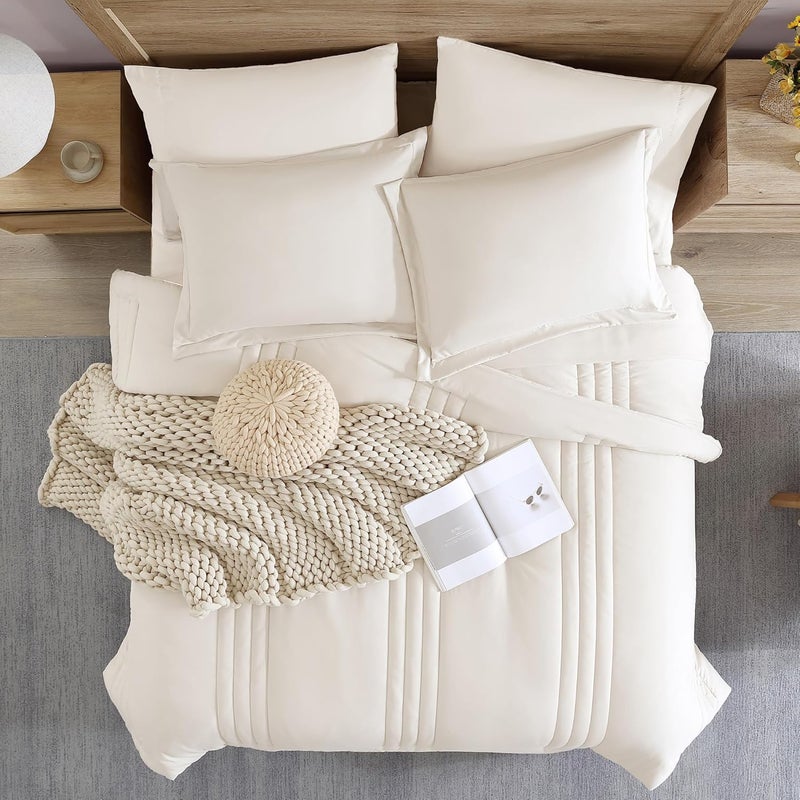 Monbix California King Comforter Set - Cal King Comforter Set 7 Pieces, All Seasons Comforters,Quilting Design Bed in A Bag Cal King Comforter with Sheets,Pillowcases & Shams (Snow White,108 * 92) - Image 5