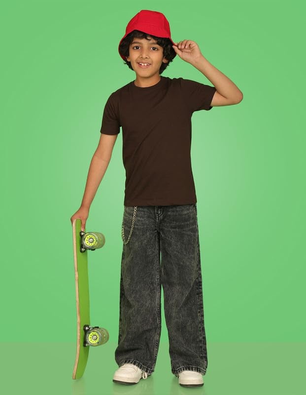 Nusyl Boys Solid Short Sleeves Cotton T-Shirt | Round Neck | Half Sleeve | Plain-Regular Fit | Group 3 Brown - Image 4
