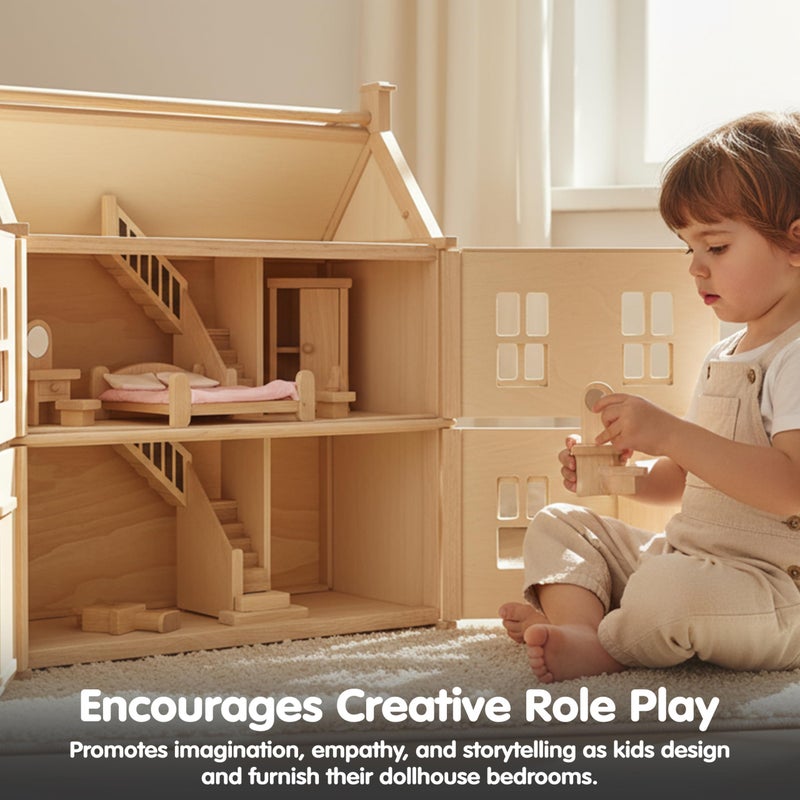 PlanToysÂ® Classic Dollhouse Bedroom Furniture Set | Eco-Friendly Wooden Dollhouse Accessories for Kids | Includes Bed, Closet, Vanity, Chairs & Lamp | Pretend Play Montessori Toy - Image 5