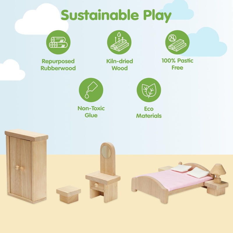 PlanToysÂ® Classic Dollhouse Bedroom Furniture Set | Eco-Friendly Wooden Dollhouse Accessories for Kids | Includes Bed, Closet, Vanity, Chairs & Lamp | Pretend Play Montessori Toy - Image 3