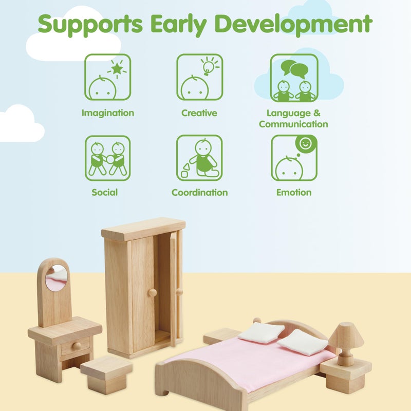 PlanToysÂ® Classic Dollhouse Bedroom Furniture Set | Eco-Friendly Wooden Dollhouse Accessories for Kids | Includes Bed, Closet, Vanity, Chairs & Lamp | Pretend Play Montessori Toy - Image 4