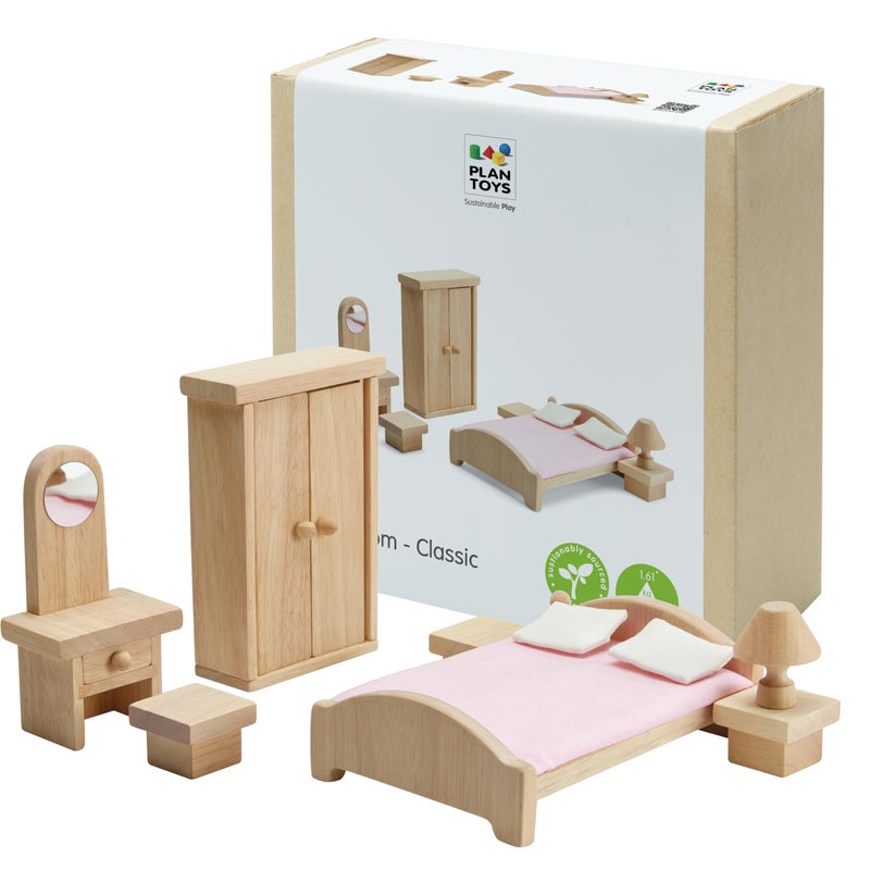 PlanToysÂ® Classic Dollhouse Bedroom Furniture Set | Eco-Friendly Wooden Dollhouse Accessories for Kids | Includes Bed, Closet, Vanity, Chairs & Lamp | Pretend Play Montessori Toy - Image 1