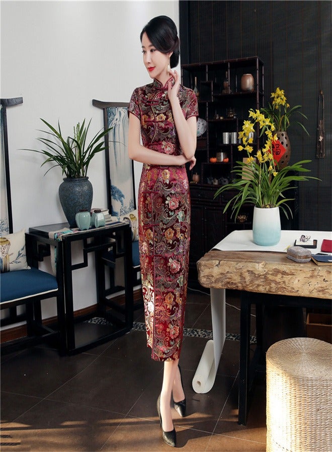 Loquat Short Sleeved Ten Button Long Skirt Wine Red  - Image 3