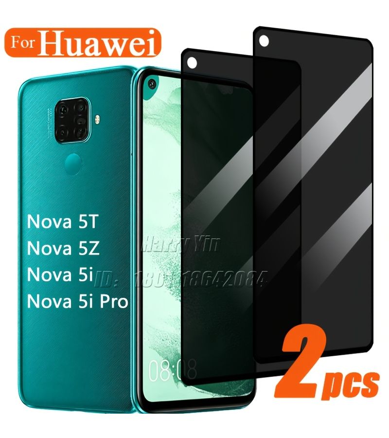 2 Pack Privacy Screen Protectors 9H Tempered Glass Anti Spy For Huawei Nova 5T Flat Design Left Round Hole Glossy Black