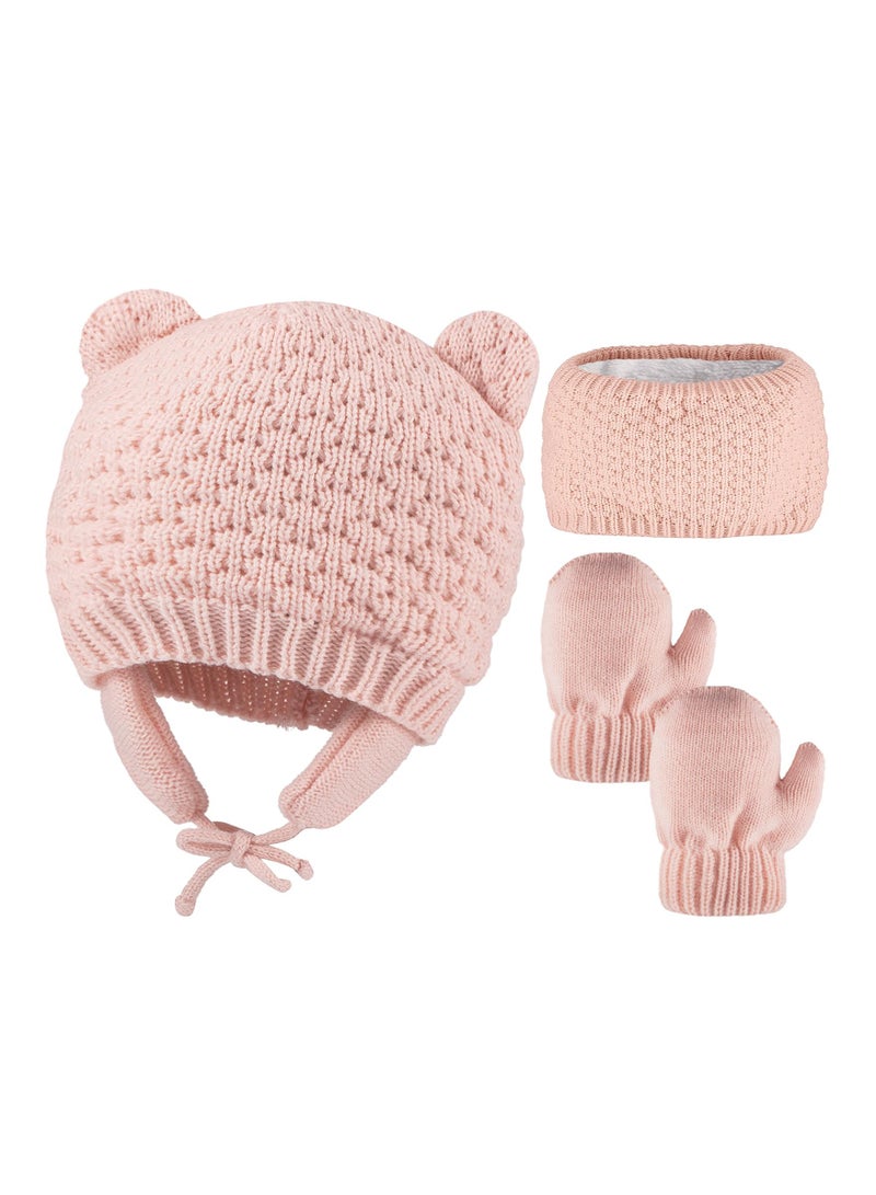 KASTWAVE Baby Winter Hats, 3Packs Warm Knitted Baby Scarf Glove Beanie Set, Soft Warm Toddler Hat and Glove Set for Girls Newborn Infant Winter Kids Beanie Hat for 0-3 Years (Pink)  - Image 1