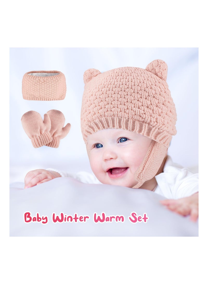KASTWAVE Baby Winter Hats, 3Packs Warm Knitted Baby Scarf Glove Beanie Set, Soft Warm Toddler Hat and Glove Set for Girls Newborn Infant Winter Kids Beanie Hat for 0-3 Years (Pink)  - Image 2