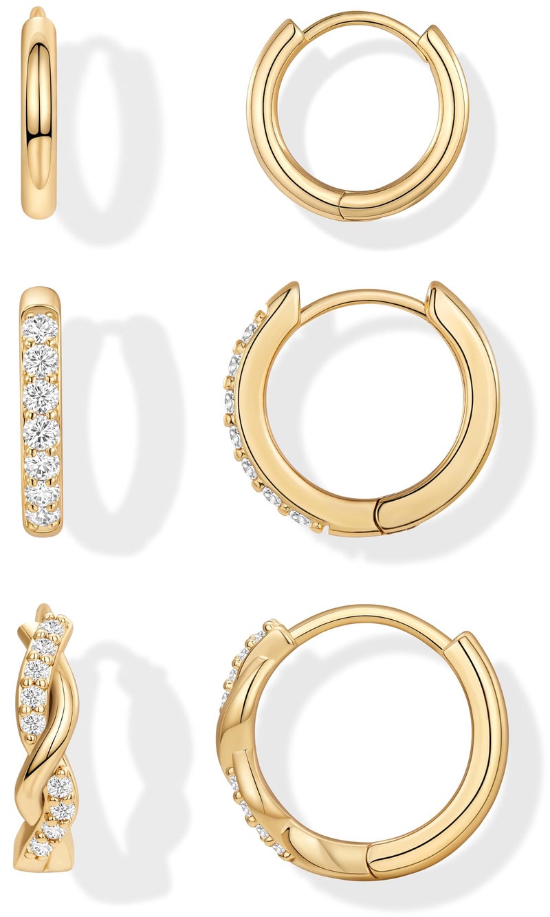 Inerney 14K Gold Plated Huggie Hoop Earrings Set for Women, Hypoallergenic Small Cartilage Helix Earring Stacks, Dainty Cute Trendy Mini Birthstone Jewelry Gift for Multiple Piercings 3 Pairs - Image 1