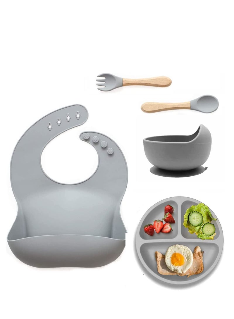 Womdee Silicone  Baby Feeding Set With Gift Box |5 Pcs| - Toddler Divider Plate & Bowl with Suction, Adjustable Silicone Bib - Baby Tableware Set, Toddler Eating Supplies, BPA Free - Image 1