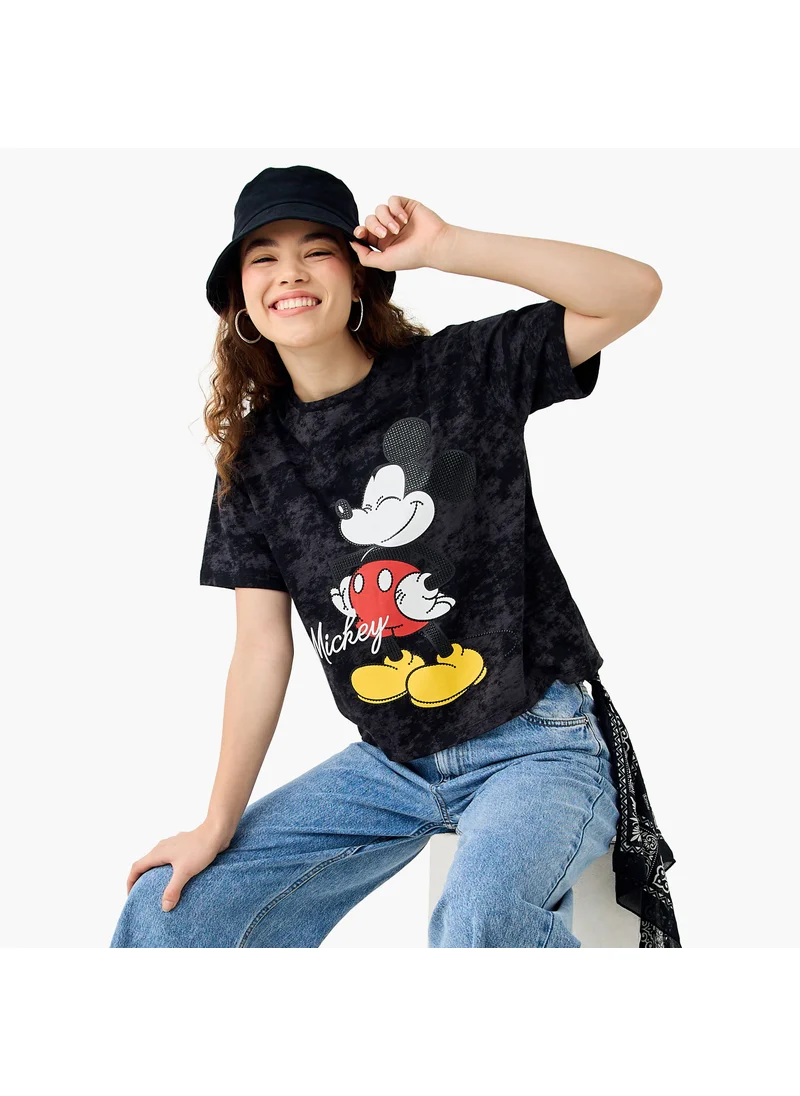 اس بي كاركترز Mickey Mouse Print T-shirt with Crew Neck and Short Sleeves