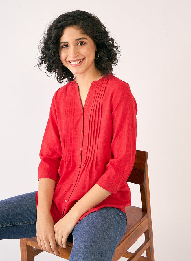 SALT ATTIRE Red Mandarin Collar Tunic with Long Sleeves - Image 1
