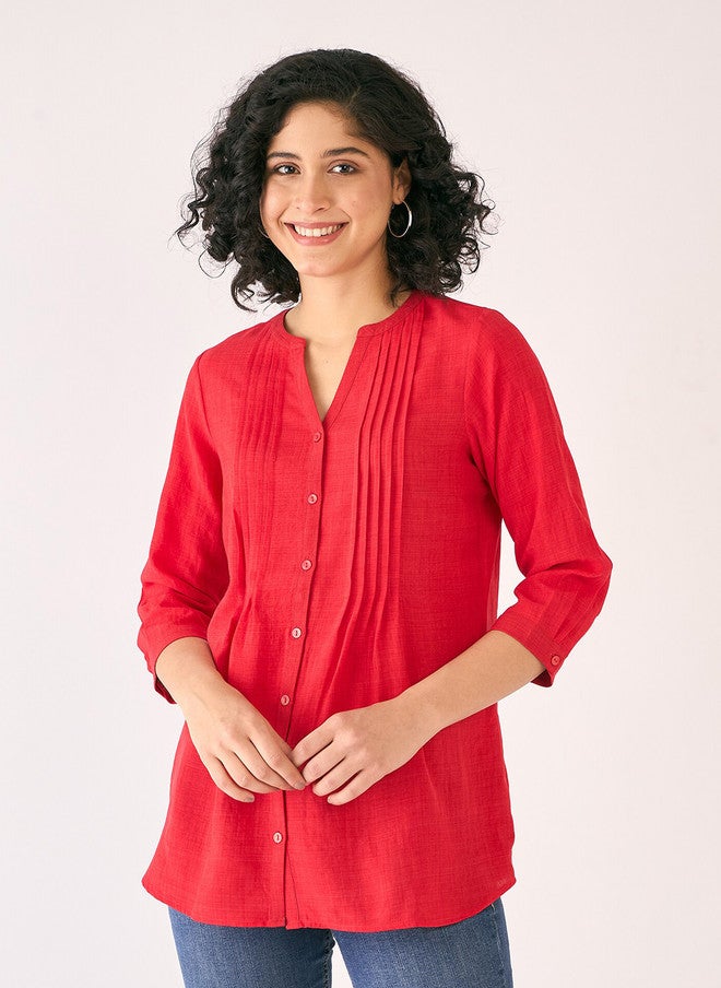 SALT ATTIRE Red Mandarin Collar Tunic with Long Sleeves - Image 2