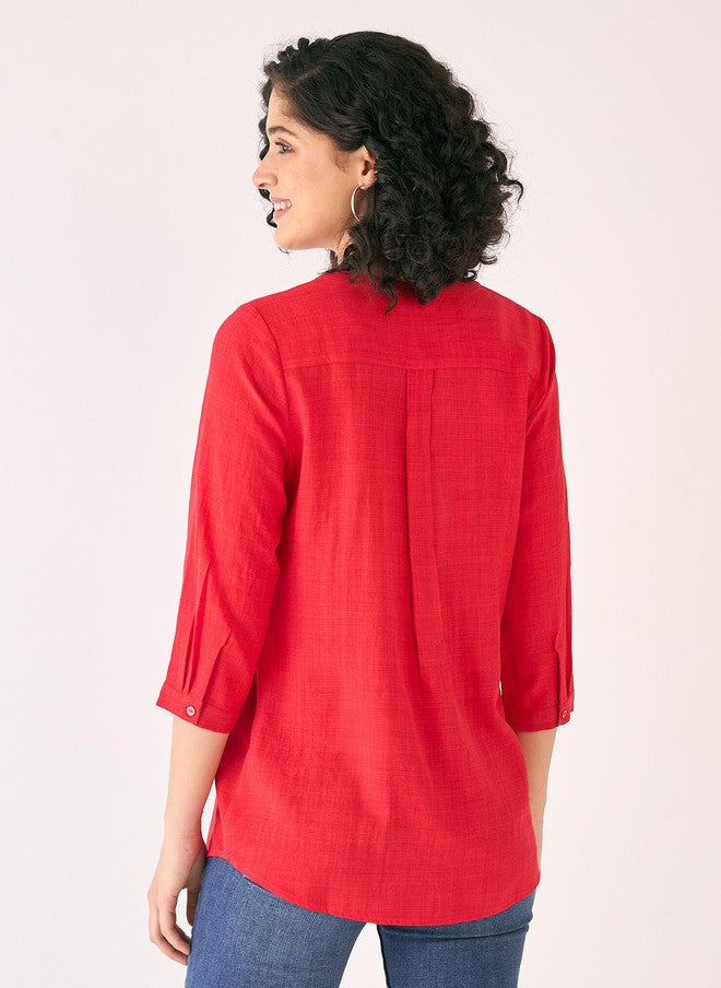 SALT ATTIRE Red Mandarin Collar Tunic with Long Sleeves - Image 5
