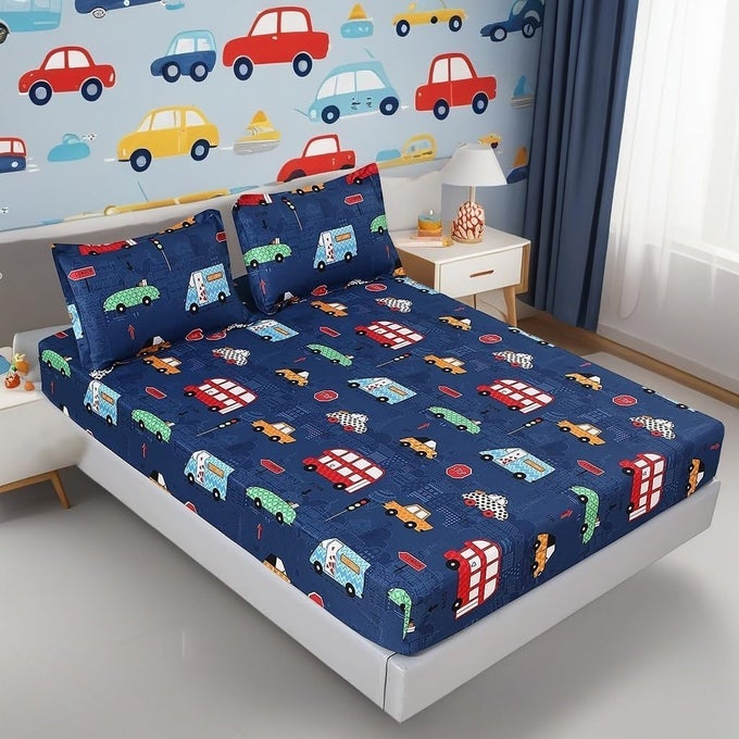 3PCS CARTOON CAR QUEEN BED SHEETQUEEN SIZE FITTED SHEET FOR TODDLER KIDS BOYS AND GIRLSBLUE COLOR1 FITTED SHEET 14 DEEP POCKET AND 2 PILLOWCASE QUEEN BLUE