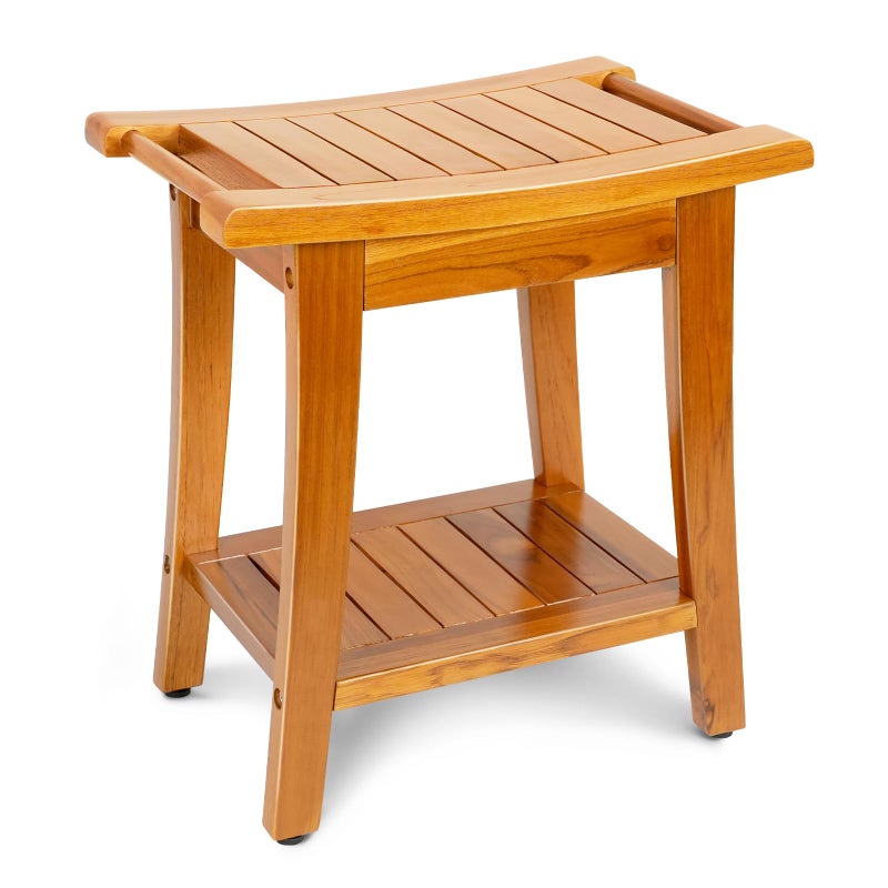 GRBEEVIITEK 16 Compact Teak Shower Bench with Shelf Handle Solid Premium Teak Shower Stool Durable Waterproof Seat for Inside Shower Teak Wood Bench for Bathroom Indoor Outdoor Use - Image 2