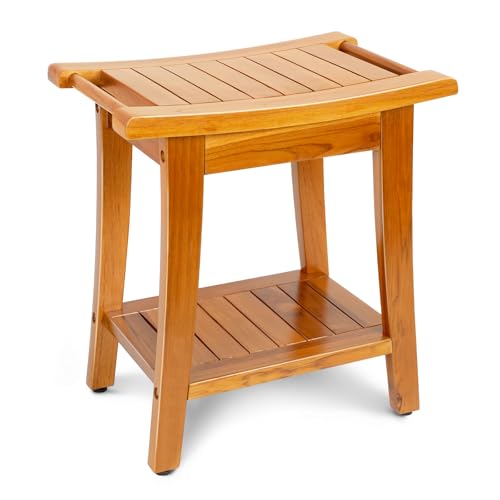 GRBEEVIITEK 16 Compact Teak Shower Bench with Shelf Handle Solid Premium Teak Shower Stool Durable Waterproof Seat for Inside Shower Teak Wood Bench for Bathroom Indoor Outdoor Use - Image 1
