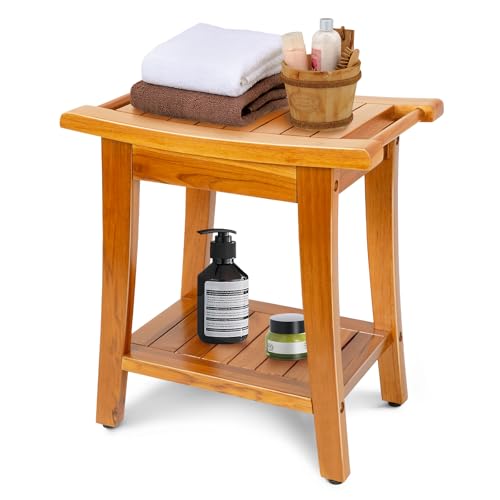 GRBEEVIITEK 16 Compact Teak Shower Bench with Shelf Handle Solid Premium Teak Shower Stool Durable Waterproof Seat for Inside Shower Teak Wood Bench for Bathroom Indoor Outdoor Use - Image 3