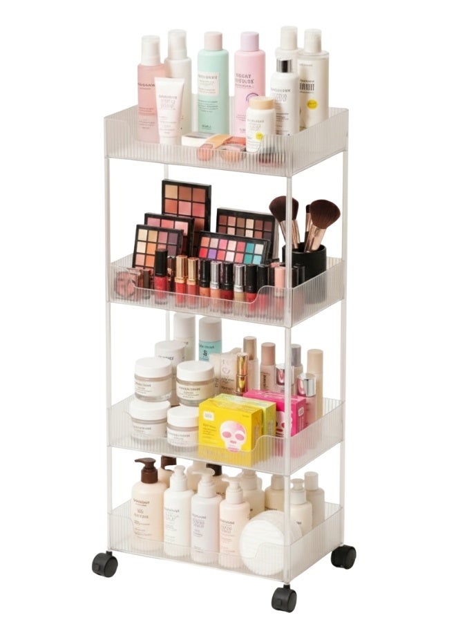 منظم تخزين متحرك بعجلات متعدد الاستخدامات من 4 طبقات، رف عربة متنقل قابل للحركة، رف تخزين متعدد الطبقات لغرفة نوم الأطفال، للمطبخ والحمام والمرحاض، مناسب لتخزين الوجبات الخفيفة، مستحضرات التجميل، المكياج، العطور، ومنتجات العناية الشخصية، تصميم عصري متين من الأكريليك الشفاف، الأبعاد: 30 × 20 سم - Image 1