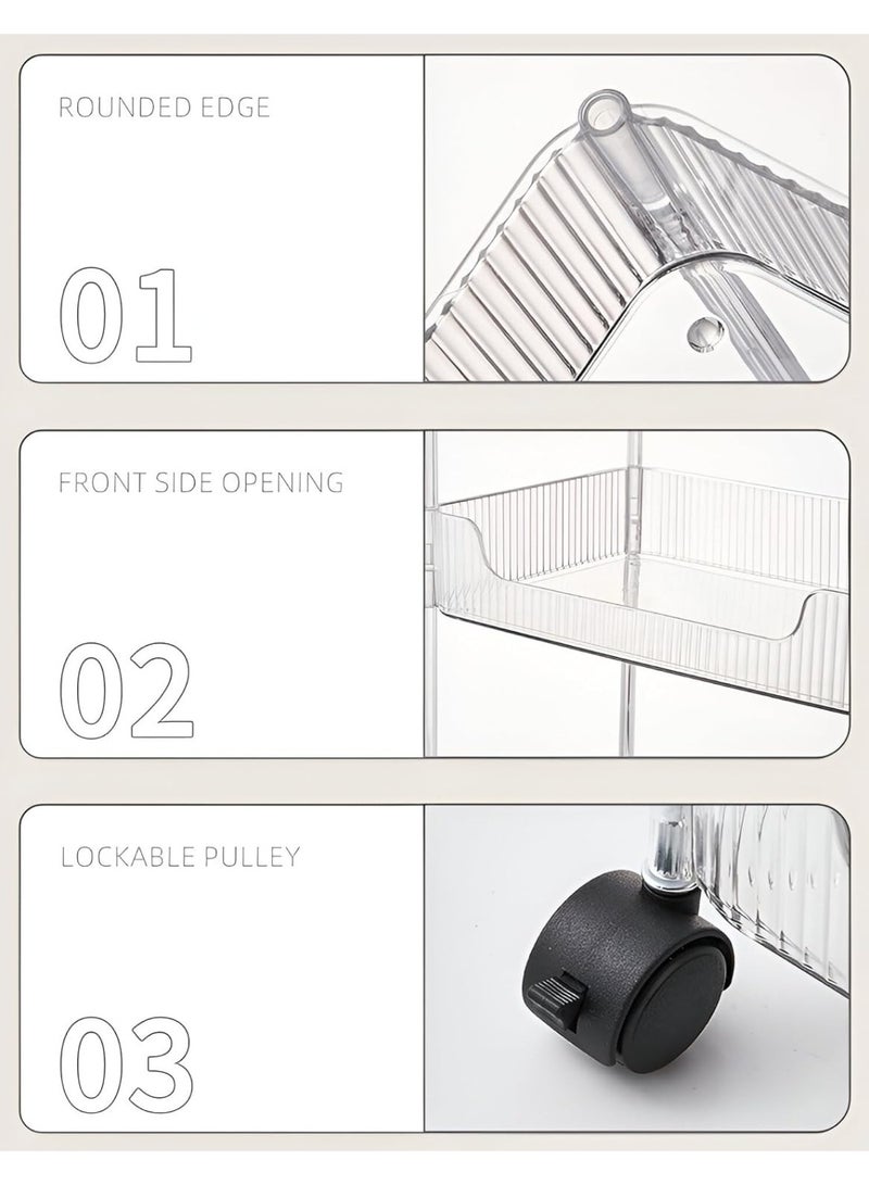 منظم تخزين متحرك بعجلات متعدد الاستخدامات من 4 طبقات، رف عربة متنقل قابل للحركة، رف تخزين متعدد الطبقات لغرفة نوم الأطفال، للمطبخ والحمام والمرحاض، مناسب لتخزين الوجبات الخفيفة، مستحضرات التجميل، المكياج، العطور، ومنتجات العناية الشخصية، تصميم عصري متين من الأكريليك الشفاف، الأبعاد: 30 × 20 سم - Image 3