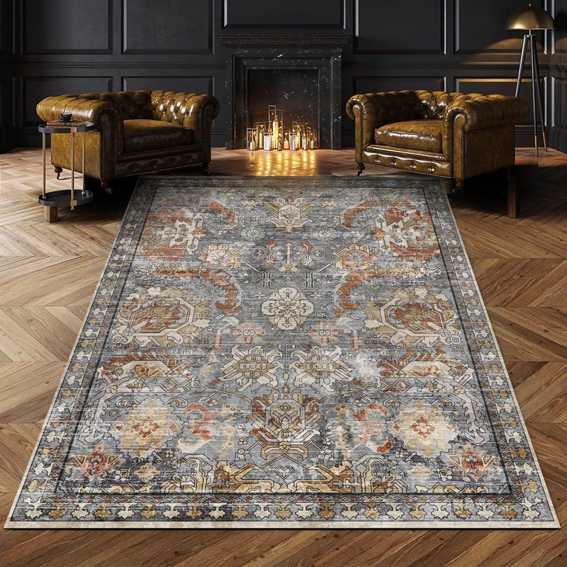 RUGSURE Washable Area Rugs - Perfect for Living Room, Bedroom, Kids Room, Nursery - Stain & Water Resistant Non-Slip, Pet & Child Friendly, Vintage Tribal Area Rugs (Turmeric and Grey, 3' x 5 ') - Image 1