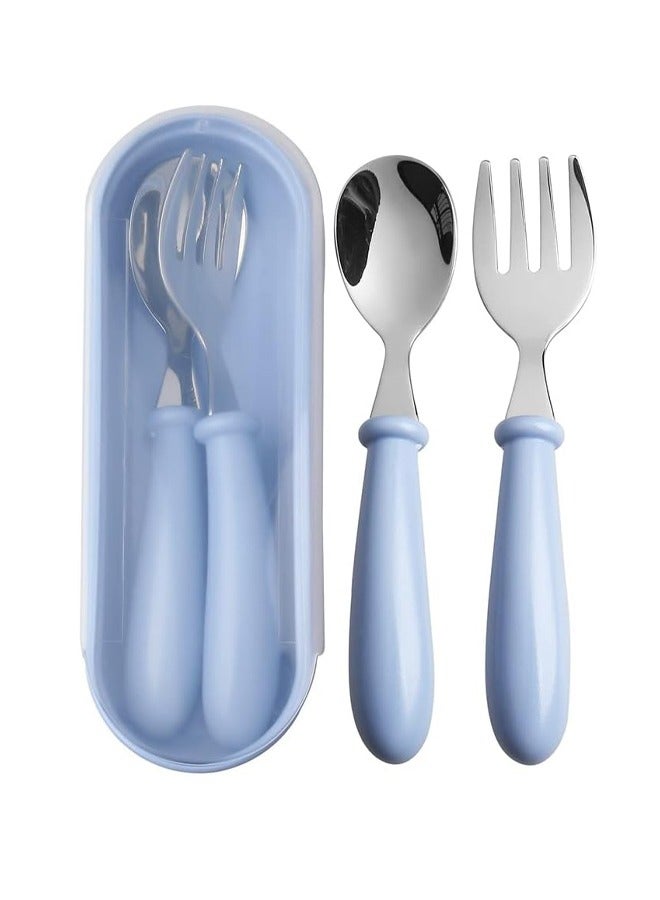 HY 1 Sets Toddler Utensils Stainless Steel Fork and Spoon with Silicone Handle, Kid Safe Utensils Children's Flatware Kids Cutlery Set with Round Handle for LunchBox (Blue)  - Image 1