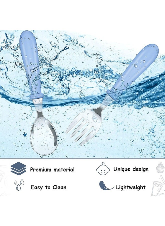 HY 1 Sets Toddler Utensils Stainless Steel Fork and Spoon with Silicone Handle, Kid Safe Utensils Children's Flatware Kids Cutlery Set with Round Handle for LunchBox (Blue)  - Image 3
