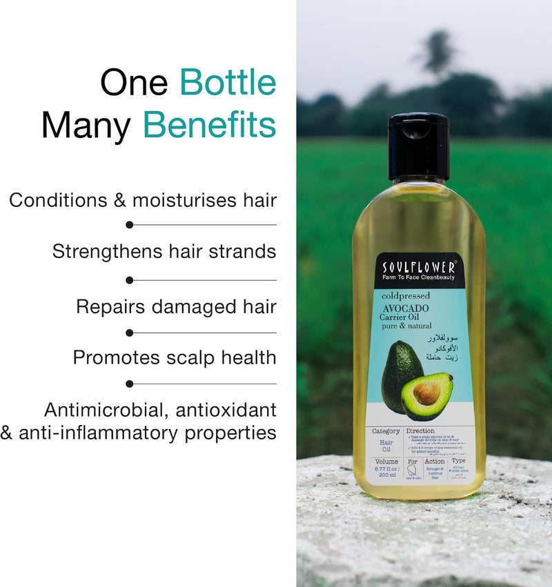 Soulflower Avocado Carrier Oil For Hair Growth, Face & Skin Care, Controls Acne, Moisturizing Scalp - 100% Pure, Organic, Natural Cold Pressed Oil, 6.77 Fl Oz / 200 ml - Image 3