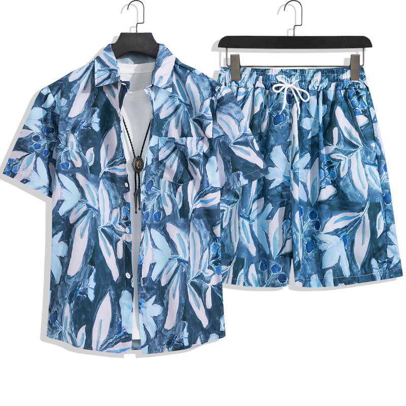 Casual suit Men's Quick-drying Hawaii Beach suit Men's Short-sleeved Floral Shirt Beach Shorts Couple's Two-piece Set