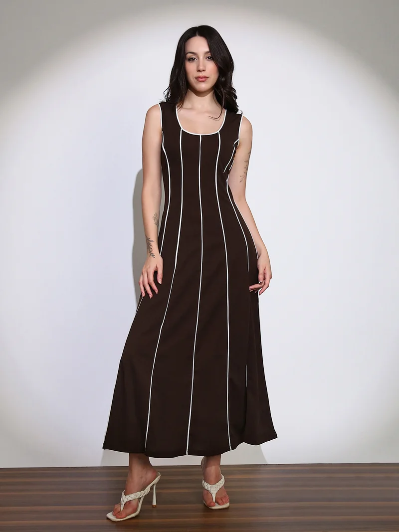 globus Globus Women Brown Scoop Neck Stripes Design Flared Hem A-Line Maxi Dress
