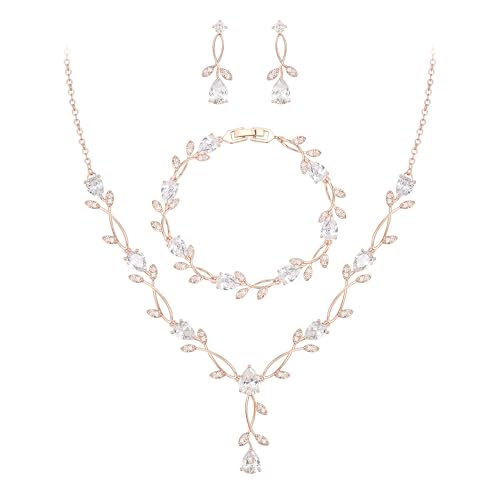 EVER FAITH Wedding Jewelry Set for Bride Bridesmaid, Rose Gold-Plated-Brass White Teardrop Cubic Zirconia Leaf Vine Bridal Prom Necklace Dangle Earrings Bracelet Sets for Women - Image 1