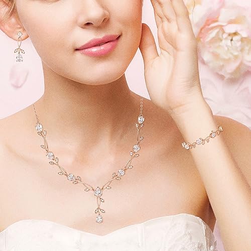 EVER FAITH Wedding Jewelry Set for Bride Bridesmaid, Rose Gold-Plated-Brass White Teardrop Cubic Zirconia Leaf Vine Bridal Prom Necklace Dangle Earrings Bracelet Sets for Women - Image 2