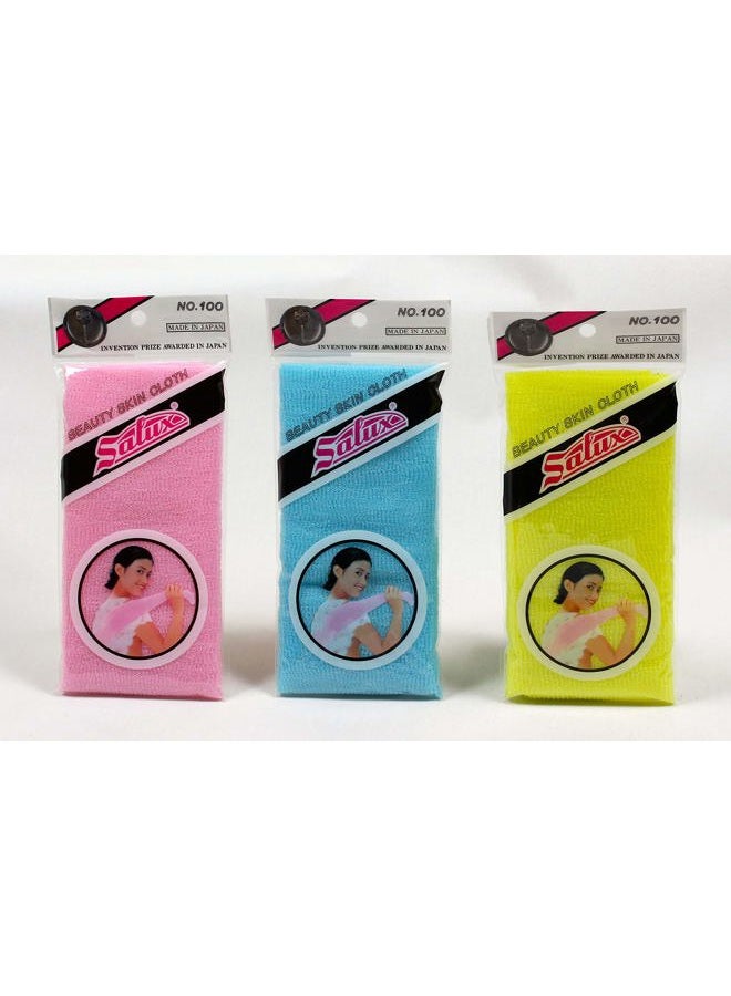 Salux Nylon Japanese Beauty Skin Bath Wash Cloth Towel 3 Count Pink Yellow Blue - Image 1
