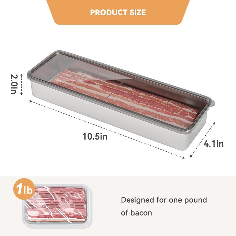 Freshmage Bacon Container for Refrigerator, 1 Pack 304 Stainless Steel Airtight Deli Meat Storage Container for Fridge Dishwasher Safe Long Kitchen Food Storage Containers with Lids with Elevated Base - Image 2