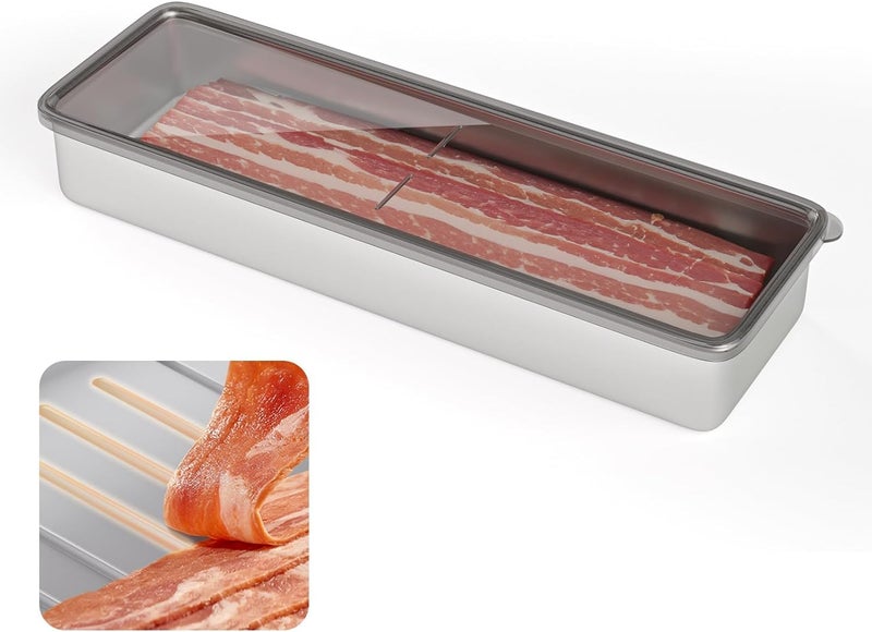 Freshmage Bacon Container for Refrigerator, 1 Pack 304 Stainless Steel Airtight Deli Meat Storage Container for Fridge Dishwasher Safe Long Kitchen Food Storage Containers with Lids with Elevated Base - Image 5