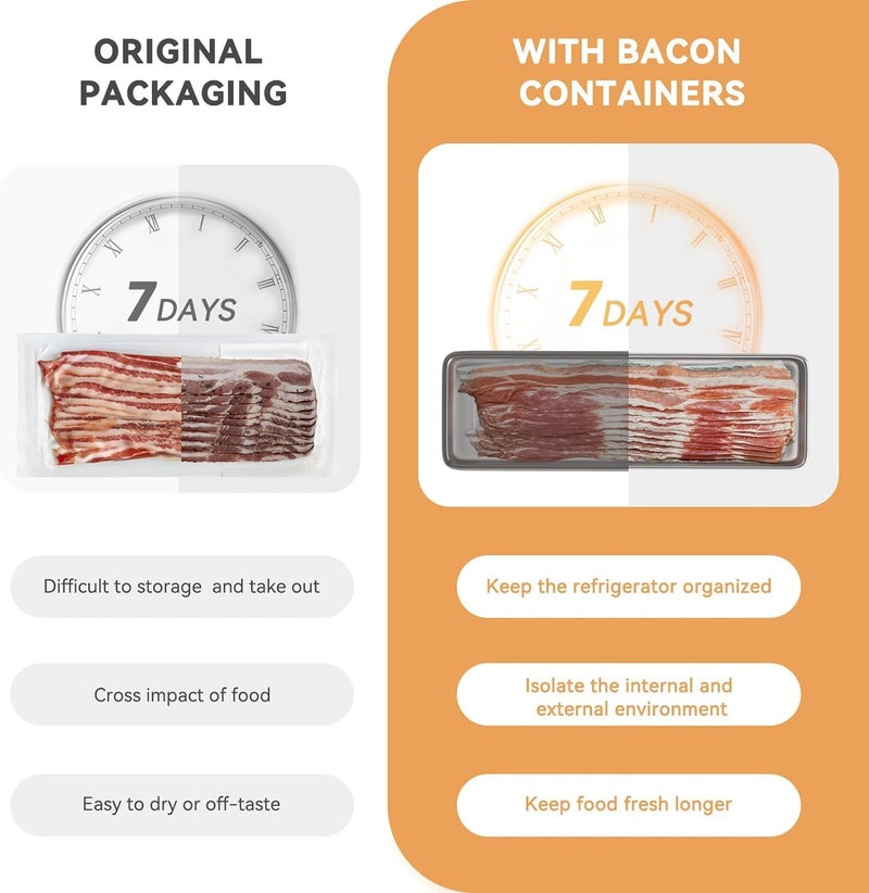 Freshmage Bacon Container for Refrigerator, 1 Pack 304 Stainless Steel Airtight Deli Meat Storage Container for Fridge Dishwasher Safe Long Kitchen Food Storage Containers with Lids with Elevated Base - Image 3
