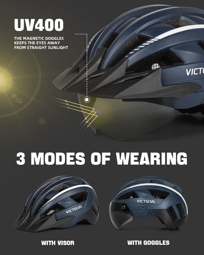 VICTGOAL Bike Helmet with USB Rechargeable Rear Light Detachable Magnetic Goggles Removable Sun Visor Mountain & Road Bicycle Helmets for Men Women Adult Cycling Helmets (M: 54-58 cm, Navy Blue) - Image 2