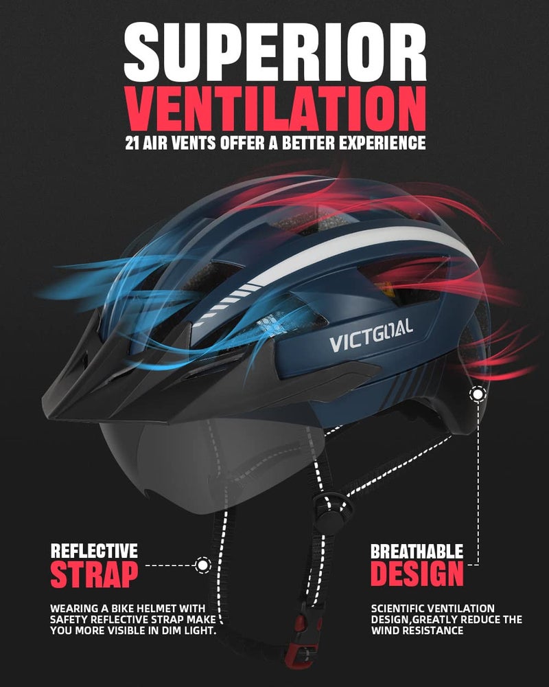VICTGOAL Bike Helmet with USB Rechargeable Rear Light Detachable Magnetic Goggles Removable Sun Visor Mountain & Road Bicycle Helmets for Men Women Adult Cycling Helmets (M: 54-58 cm, Navy Blue) - Image 3