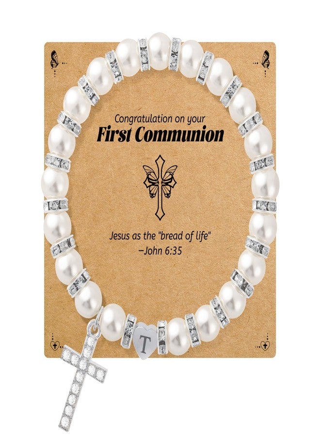 BAYLAY First Communion Gifts for Girls, Cross Bracelet for Teen First Communion Bracelet for Girls Pearl Letter T Initial Charm Bracelet First Holy Communion Gifts for Girl Catholic - Image 1